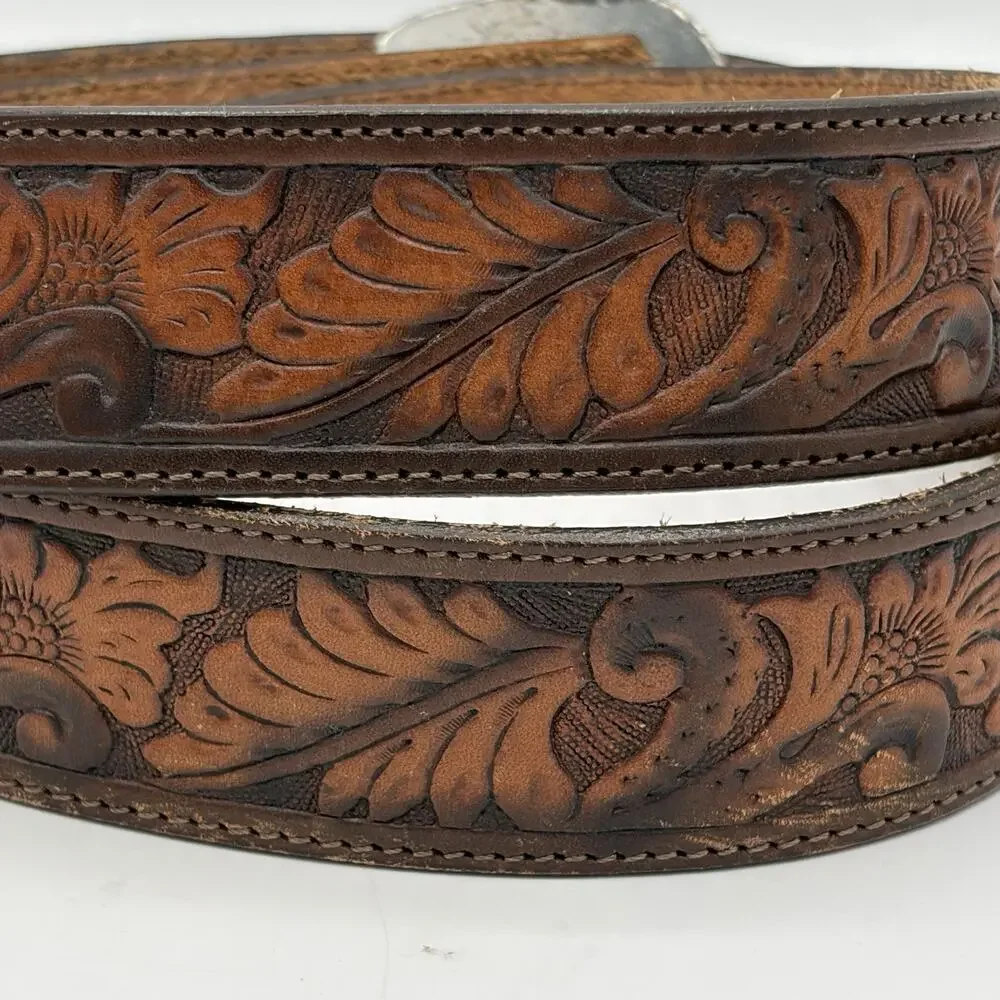 Justin Men’s Brown Leather Ranger Belt Silver Tone Accents Size 38 USA 114CH
